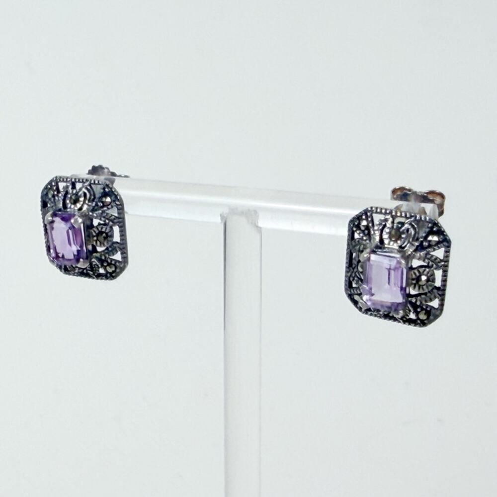 Stud Earrings Sterling Silver Hexagon Amethyst